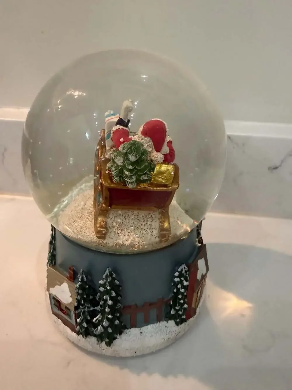 Roman Santa in Sleigh Musical Glitter Snow Globe with Winter Village Base